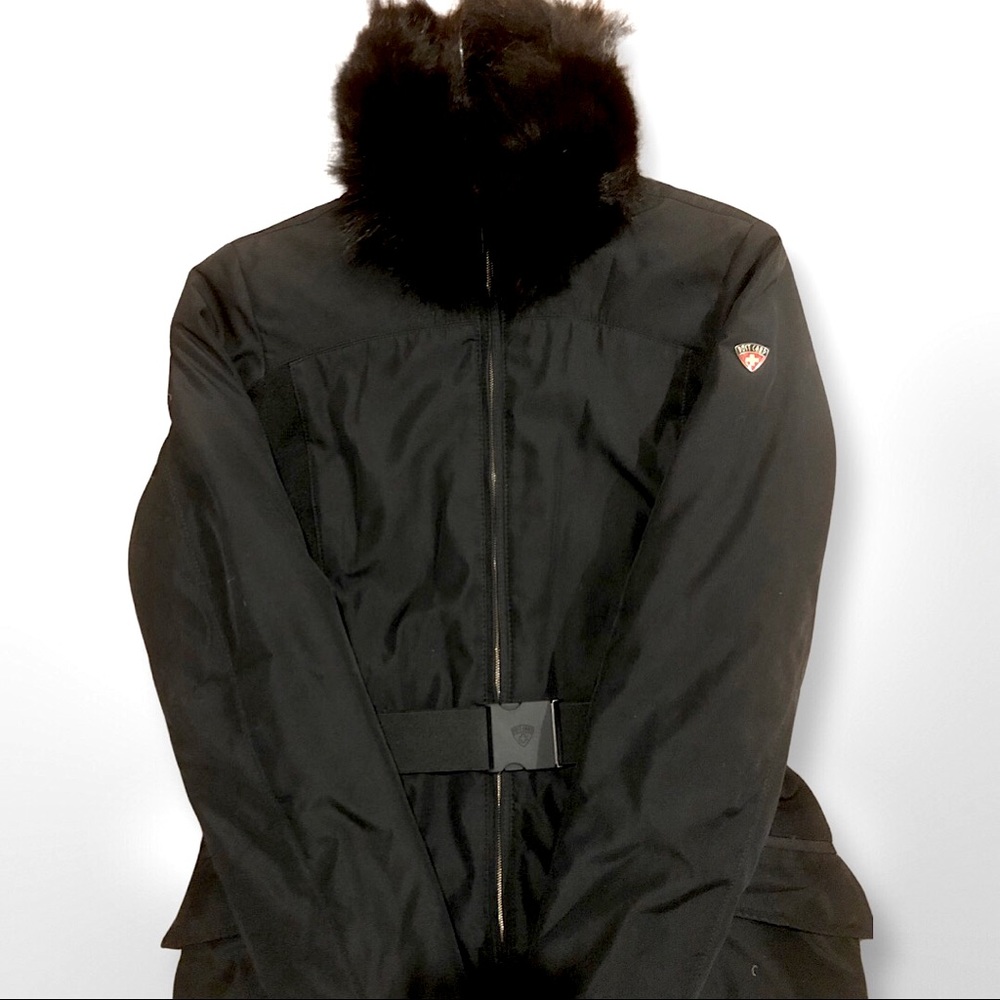 Post Card Down Jacket with Belt + Detachable Fur Collar